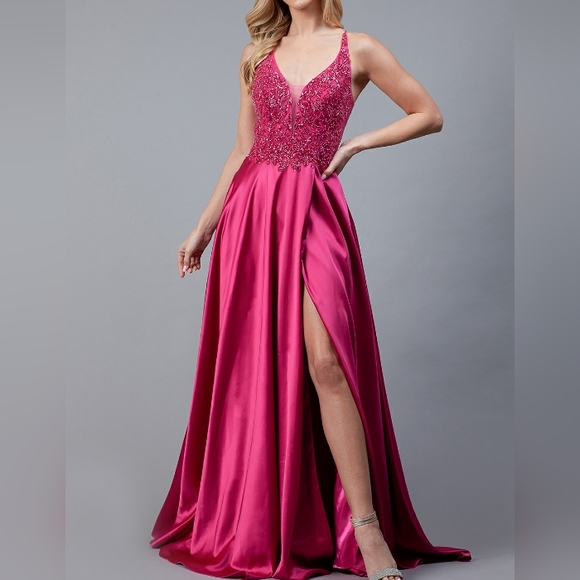 Emerald, black, blue pink long new beaded dress with leg slit - Picture 4 of 9